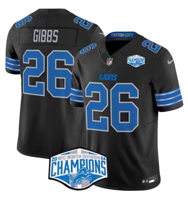 Men%27s Detroit Lions #26 Jahmyr Gibbs Black 2024 NFC North Champions F.U.S.E. Vapor Limited Stitched Jersey->detroit lions->NFL Jersey